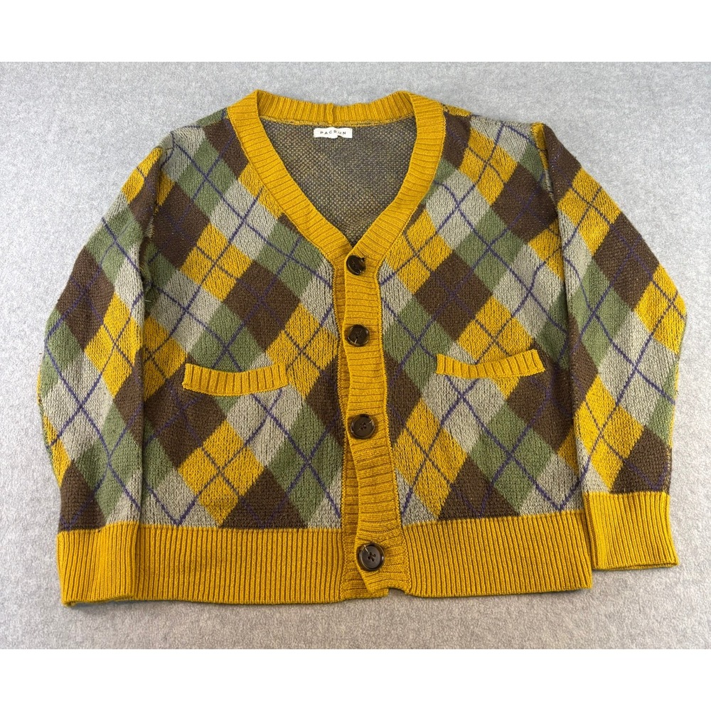 PacSun Womens Medium Argyle Knit Cardigan Sweater Mustard Yellow Button Front